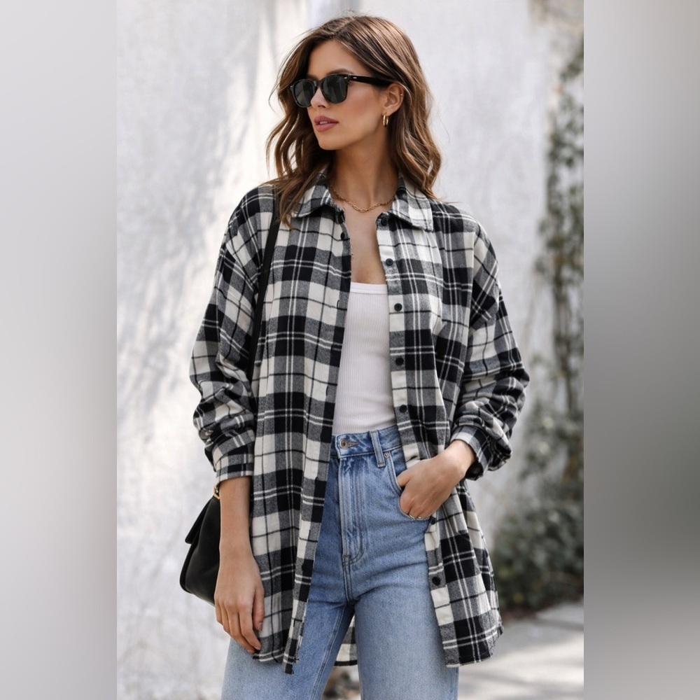 VICI black white plaid flannel button down shirt oversized small NWT